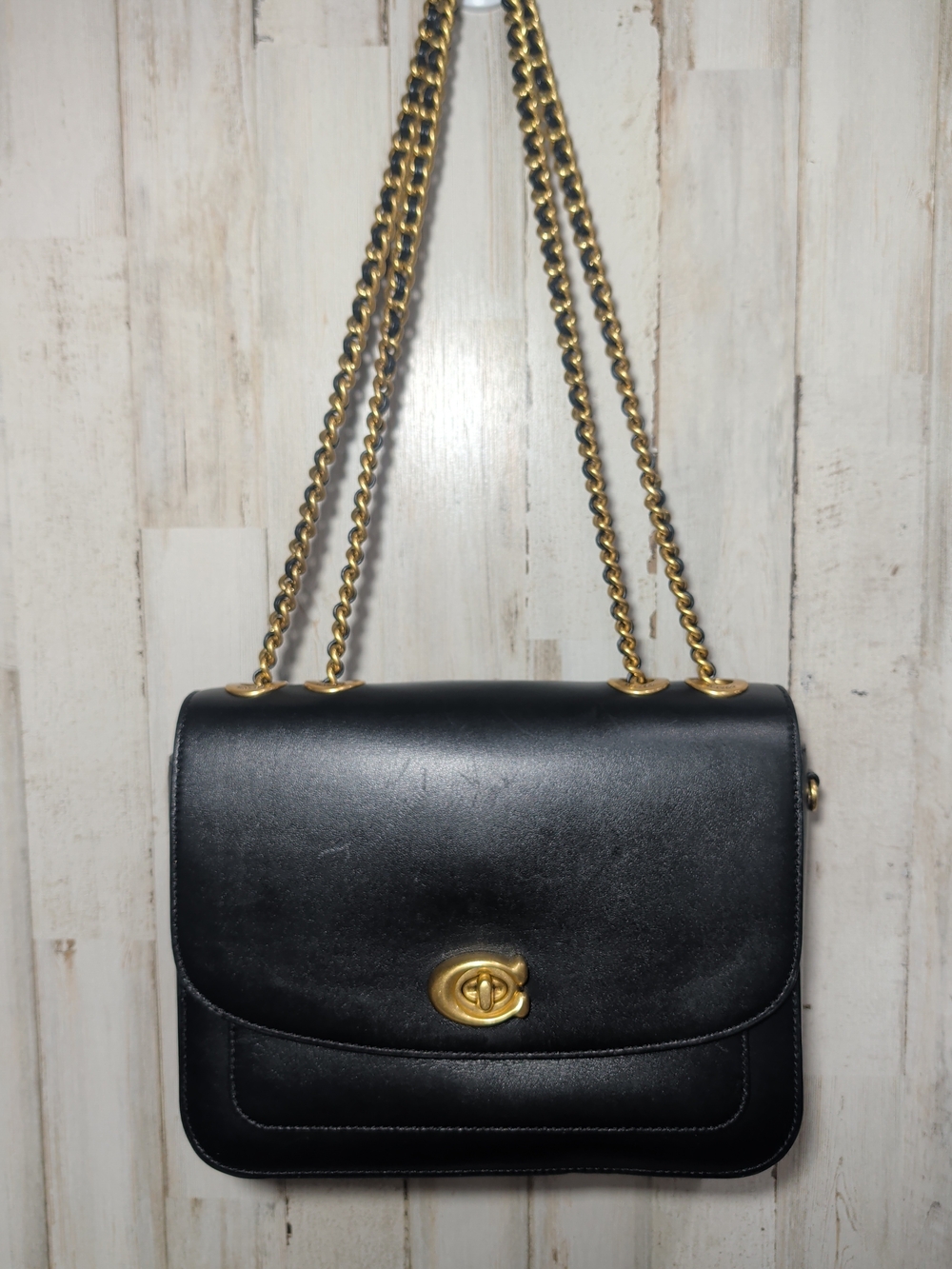 Coach Madison Shoulder Bag Refined Calf Leather Black Double Brass Metal Straps